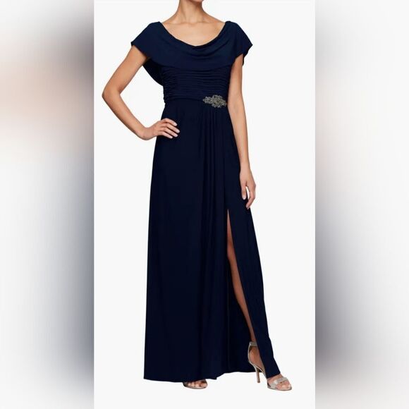 Alex Evenings Cowl Neck Beaded Waist Gown NWT size 10 navy blue - Picture 1 of 5